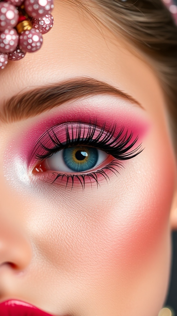 Close-up of pink Christmas eye makeup with shimmering accents and defined lashes.